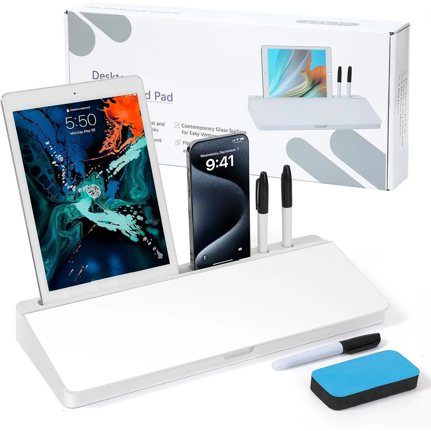 Desk Whiteboard with Storage,Desktop Glass Dry Erase White Board Organizers Supplies with Accessories for Office, , School Essentials (White)