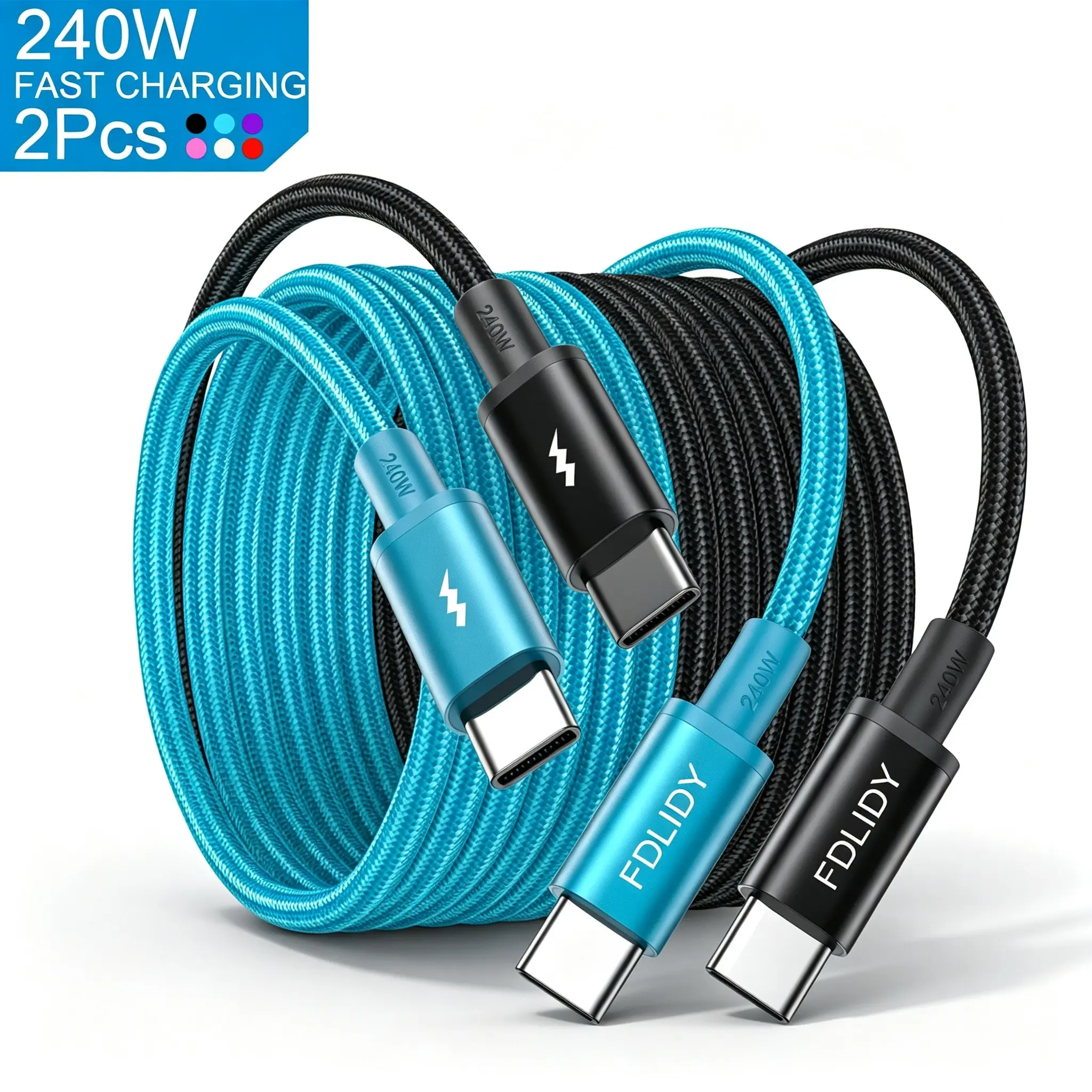 2Pcs 240w Fast Charge Type-C Cable, USB-C to USB-C Data Cable, Nylon Braided, Durable Anti-Tangle Design, Compatible with iPhone, Samsung, Macbook, iPad