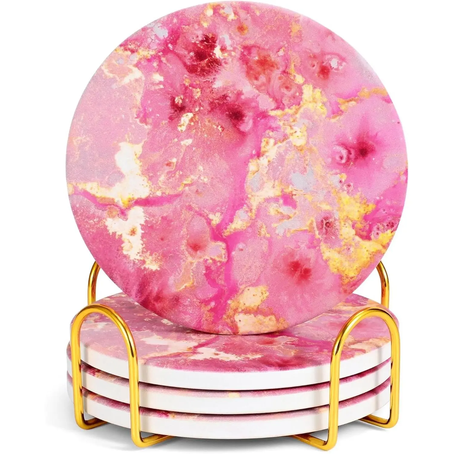 Pink and Gold Cute Desk Coasters Set of 4, Ceramic Office Drinks Coaster for Women, Pink Girls Coffee Table Decor