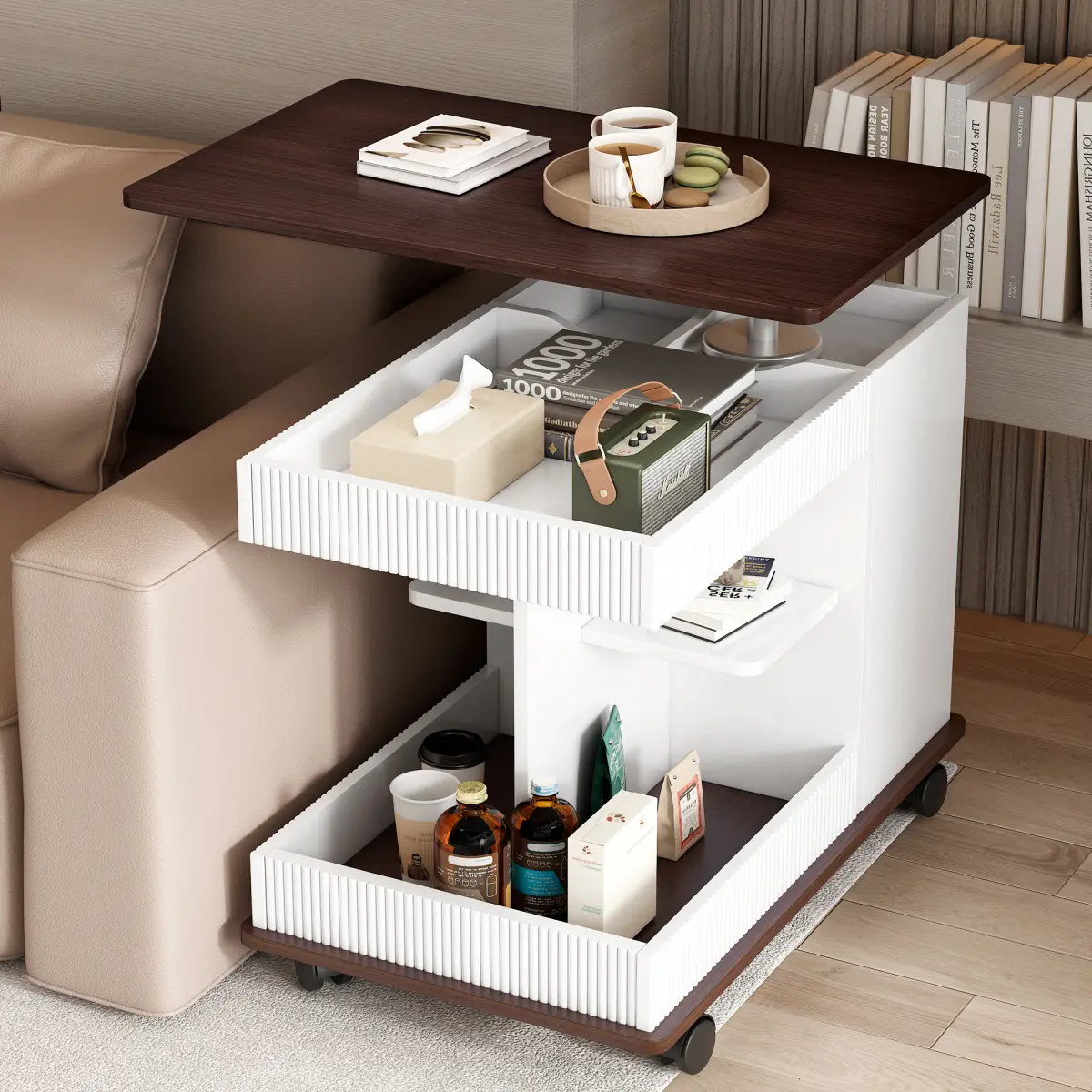 [Fahuac] Lift-Top Rotating Side Table - 360° Rotatable, 28.5in Adjustable Height, MDF with Storage, Locking Casters Base, Partial Setup, Portable Modern White & Wood Grain Indoor Furniture