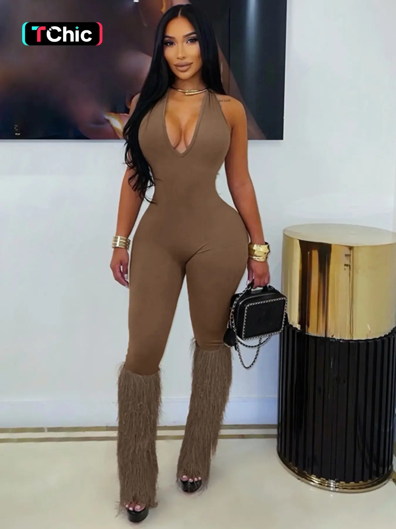 Women's Fall New One-Piece Solid Color Patchwork Fringe Halter Tie Slim Fit Jumpsuit, Stylish and Comfortable Long Pants for Autumn