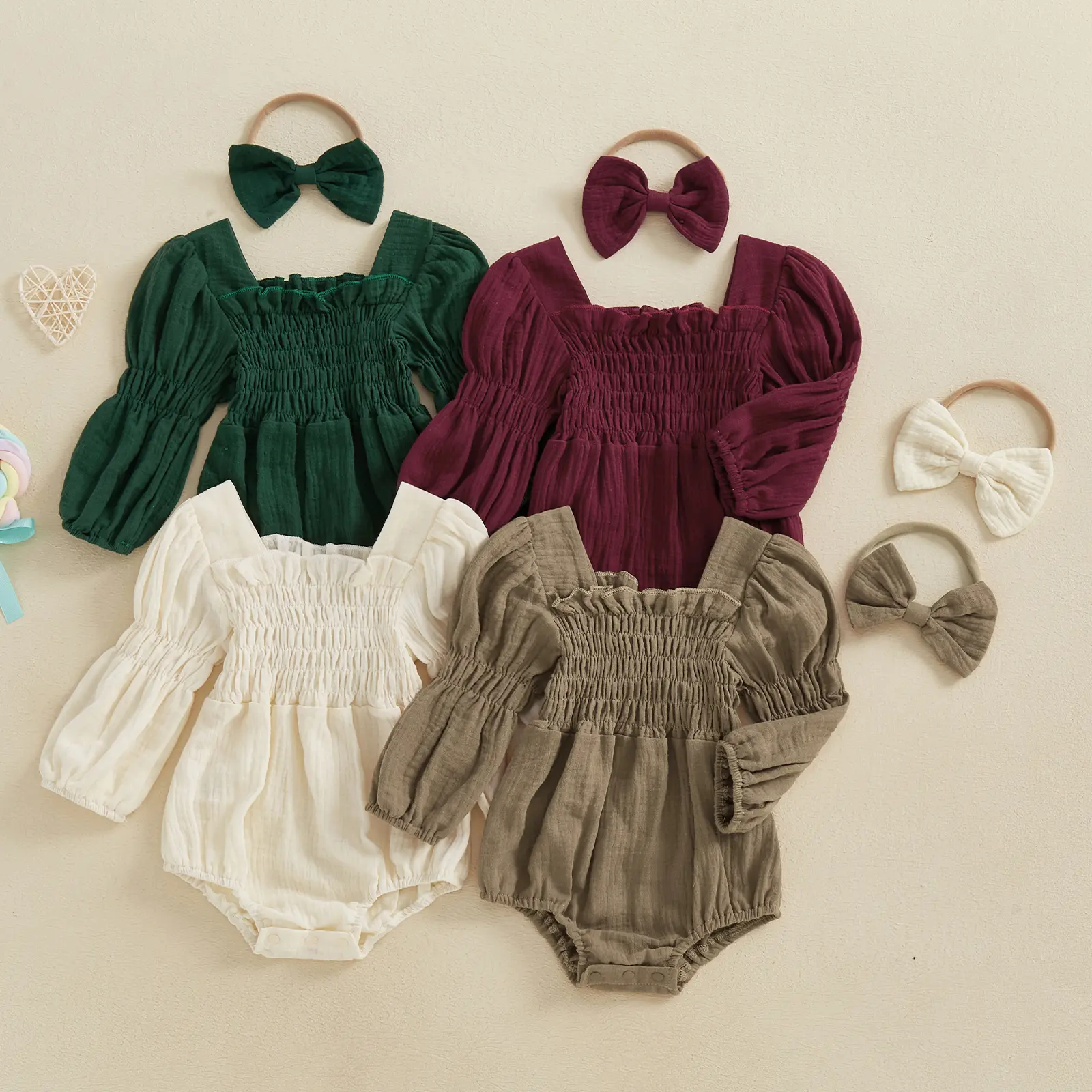 Baby Girl Vintage Bubble Romper Doll Collar Long Sleeve Playsuit with Headband Fall Spring Clothes