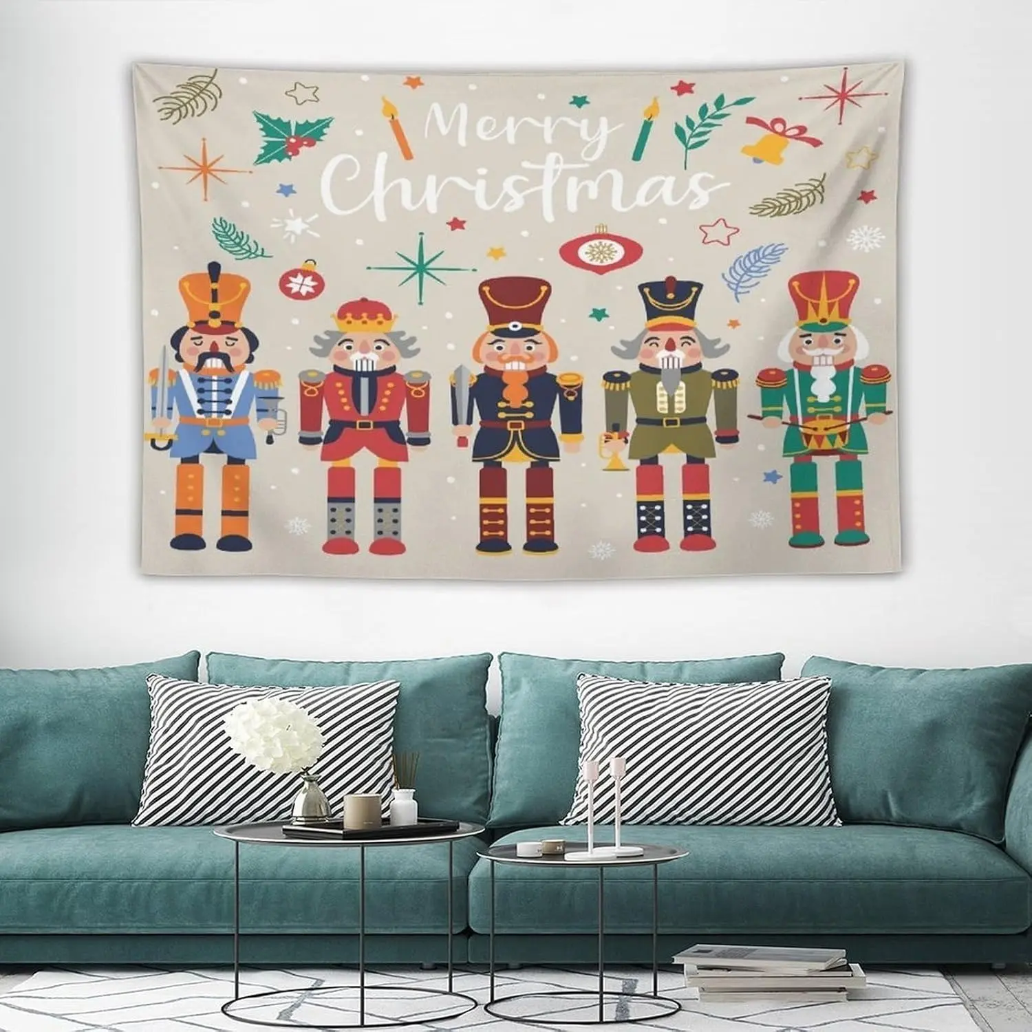 1pc Gingerbread Man And Nutcracker Style Soldier Christmas Tapestry Wall Hanging - Colorful Horizontal Stripes And Polka Dot Pattern, with Holly Berries, Candy Canes And Golden "Merry Christmas" Text - Polyester Fabric, Suitable for Farmhouse
