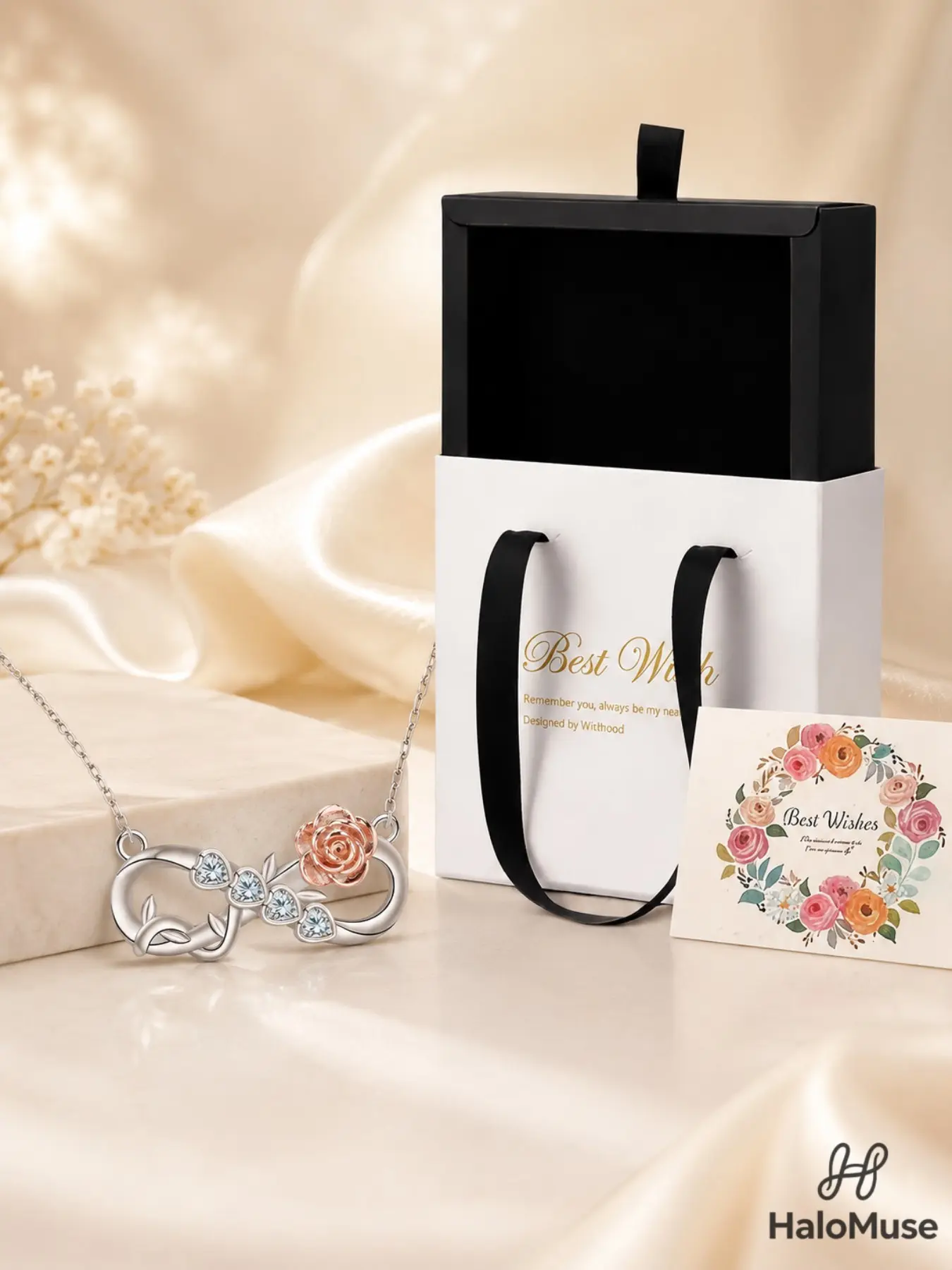Halo Muse 1 Set Infinity Heart Pendant Necklace Gift Box, Romantically Eye-Catching Double Heart Design with Rose Accent and Sparkling Stones, Pull-Up Box and Floral Card, Great Gift for Her