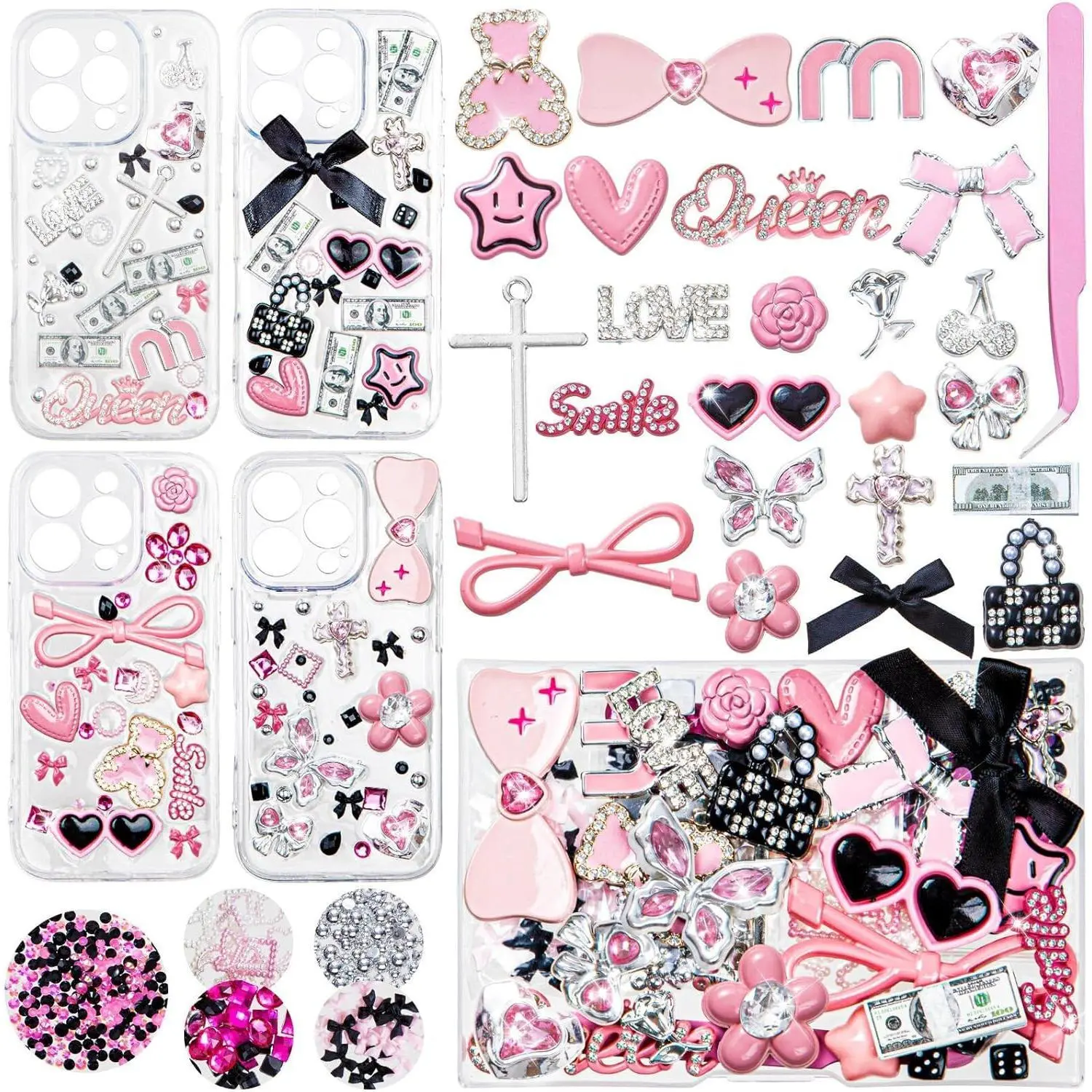 Customizable Junk Case Charm Making Kit - 1 Kit for Jewelry Making, Decorate Your Life with Cute Bow, Flatback Pearls, Letter Beads, Aesthetic Big Decor for Personalization