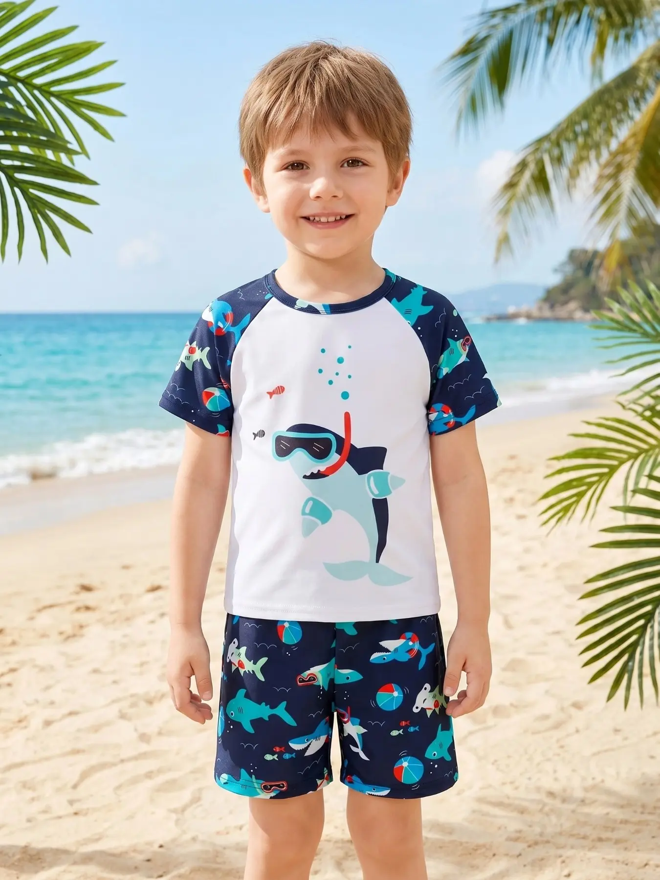 Summer Kids Boys 2Pcs Outfit Set, Raglan Short Sleeve Top with Snorkel Shark Graphic + Full Shark Print Quick Dry Swim Trunks 🦈 Breathable Bathing Suit for Swimming & Beach, Casual Summer Swimwear Swimsuit With Shorts