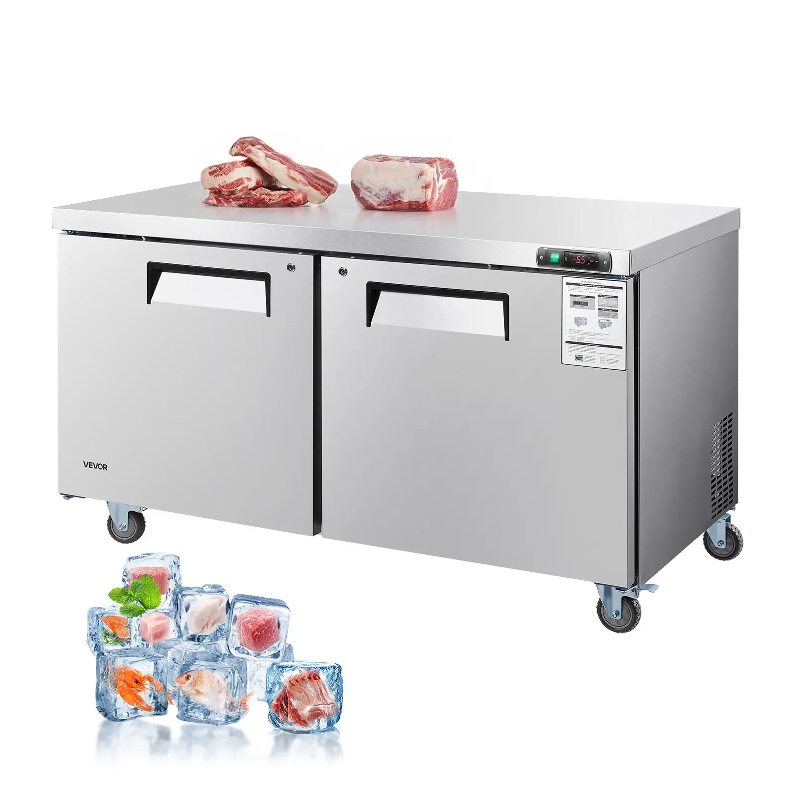 【Summerfinds】VEVOR 60" W Commercial Freezer, 14.8 Cu. Ft Worktop Freezers Undercounter with LED Auto Lighting and Lockable Door, 2 Doors Food Freezing Prep Worktable, Stainless Steel Prep Frozen Table with Casters