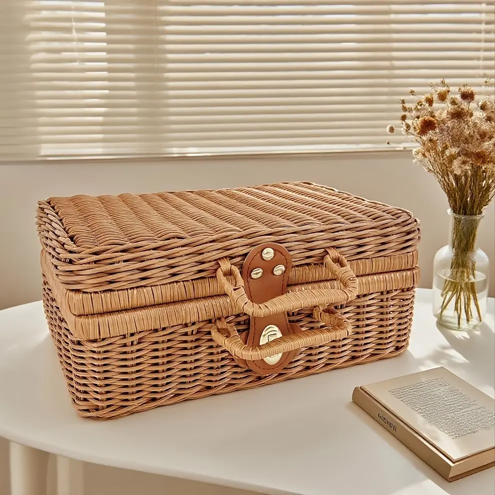 Handmade Rattan-Style Woven Storage Basket, Vintage Wedding Gift Box, Favor Basket, Christmas Thanksgiving Gift Box, Cosmetic Handle Basket