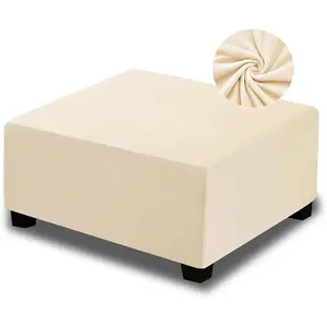 Velvet Ottoman Cover Square, Stretchable Footrest Stool Slipcover with Elastic Band for Rectangle and Square Storage Ottoman (Large, Cream (with Warm Undertones))