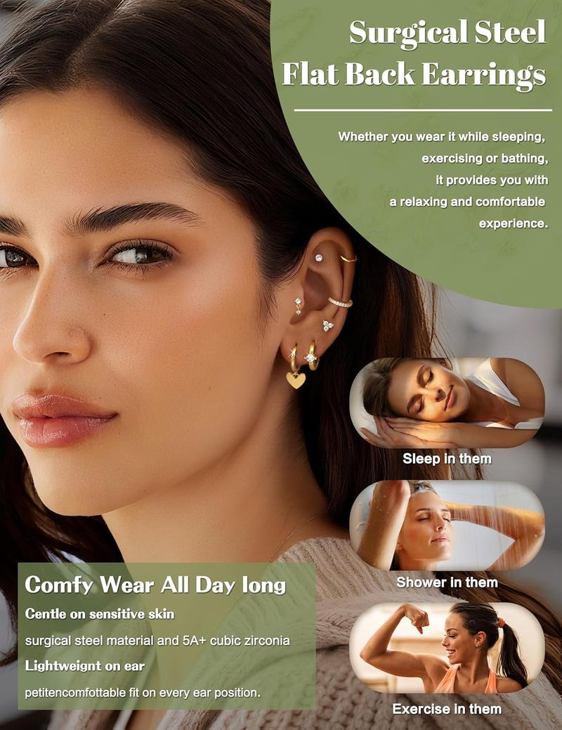 CASSIECA 21Pcs Piercing Ear Surgical Steel Helix Piercings Gold Silver Hoop Earrings Stud Set Cartilage Earrings Tragus Conch Helix Piercing Ear Jewelry