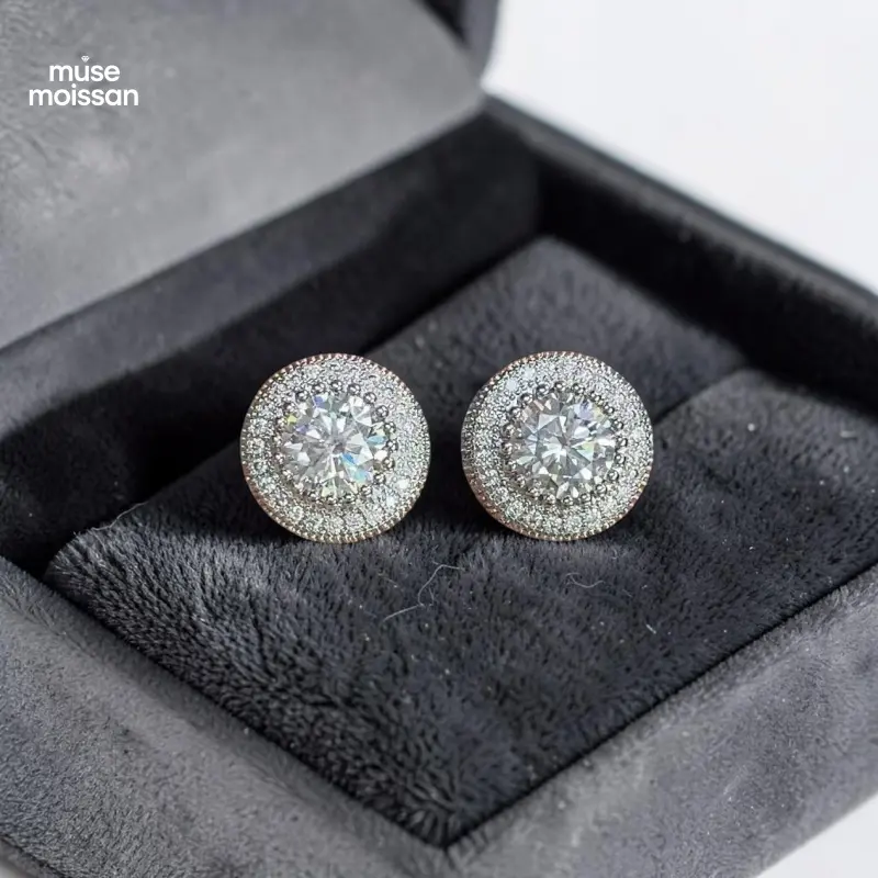 MUSE Round Moissanite Double Halo Stud Earrings Hip Hop Streetwear Unisex