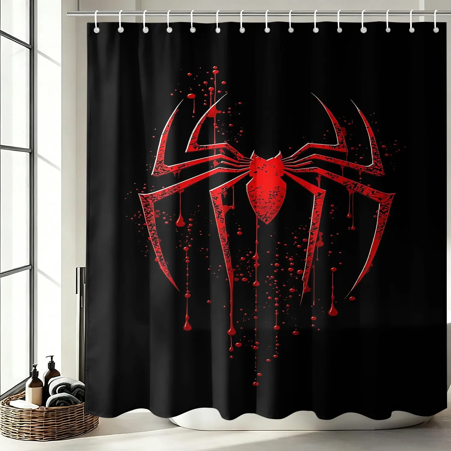 Cool Red Spider Shower Curtain Set, Waterproof Cloth Fabric Bathtub Curtain 72"x72" with 12 Hooks, Dark Hero Teen Boys Bathroom Decor Accessories