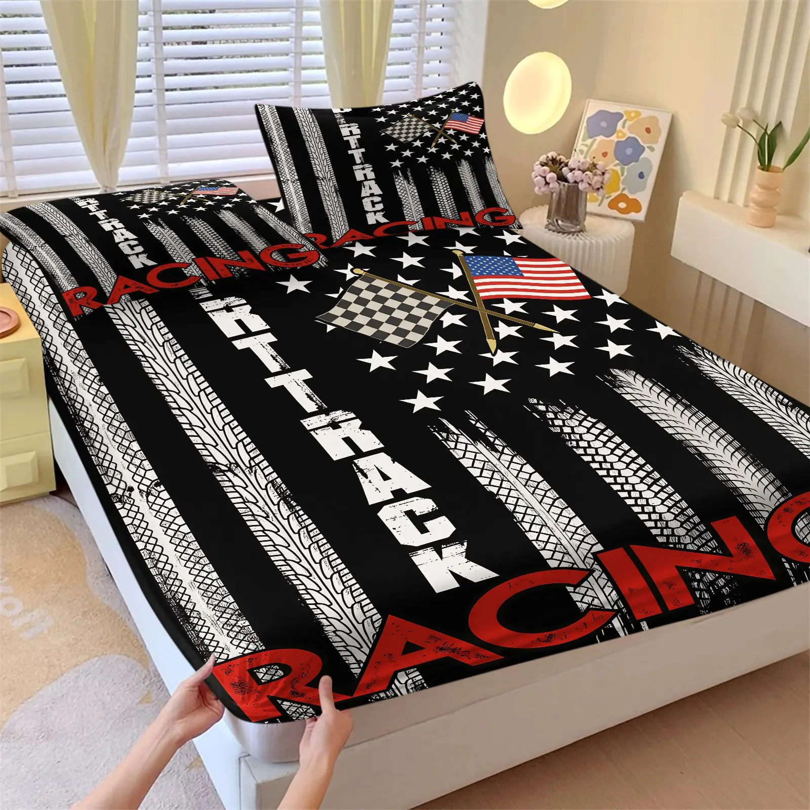 American Flag Racing Tire Track Fitted Sheet Set, 1 Fitted Sheet + 2 Pillowcases, Deep Pocket Non-Slip Mattress Protector, Soft Breathable All Season Bedding, Black White Tire Print Race Flag Bedding For Racing Fans Men Bedroom Decor