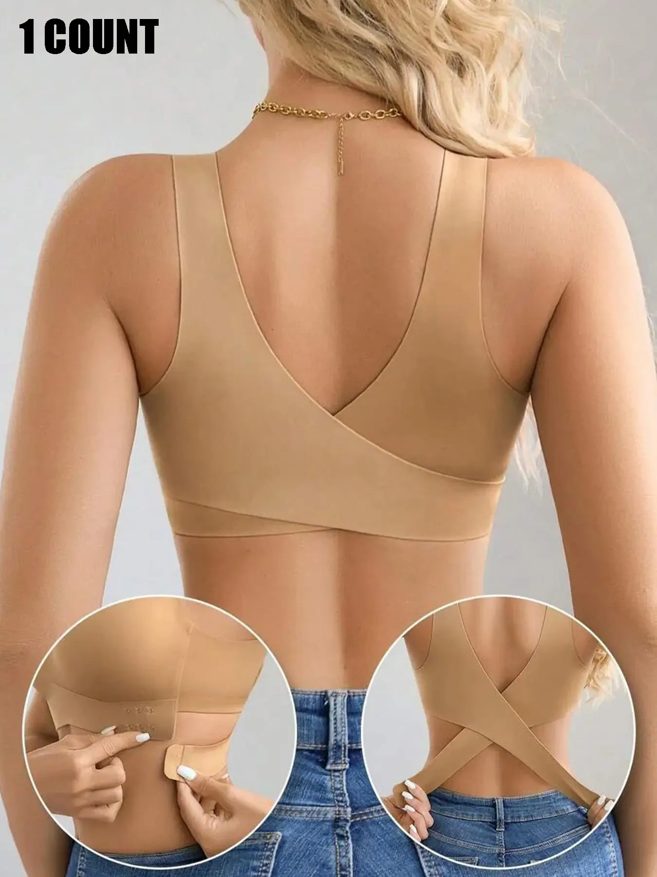 Women's Solid Color Elegant Side Buckle Criss Cross Backless Bra, Fit Soft Comfortable Breathable Full Coverage Bra for Daily Wear, Soft Lingerie for All Seasons