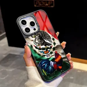 Compatible with iPhone 17 Air 16 15 14 13 12 Pro Max Plus Mexican Flag Rooster Pattern Case 2-in-1 Design with Glossy Glass Back Rugged Shockproof Frame Durable Protective Cover