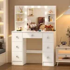 Large Makeup Vanity Dressing Table Set With LED Lighted Mirror & 7 Drawers