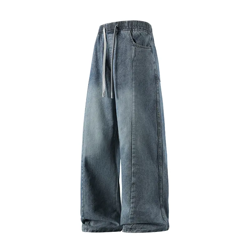 Men's Vintage Washed Elastic Drawstring Waist Wide Leg Jeans - Menswear Plain Pants, Side Classic Pockets, Vertical Panel Seam Detailing, Ultra Loose Straight Floor-Length Cut, Soft Denim Fabric, Casual Japanese Streetwear Baggy Trousers#SummerWins, Verti