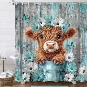 Whimsical Highland Cow Bathroom Shower Curtain — Featuring a Teal Farmhouse Pattern of Daisies, Blossoms, and Butterflies; Rustic Wood-Grain Farmhouse Style with Country Animal & Floral Design; Waterproof and Includes 12/24 Hooks.