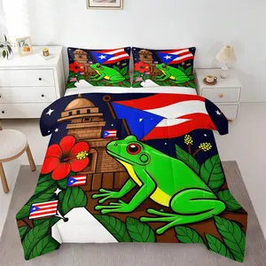 Puerto Rico Coqui Frog Printed Comforter Set, Includes 1 Comforter and 1-2 Pillowcases, El Morro Castle & National Flag Red Hibiscus Tropical Cultural Style, Home Bedroom Decoration or Gift for Puerto Rico Culture Lovers