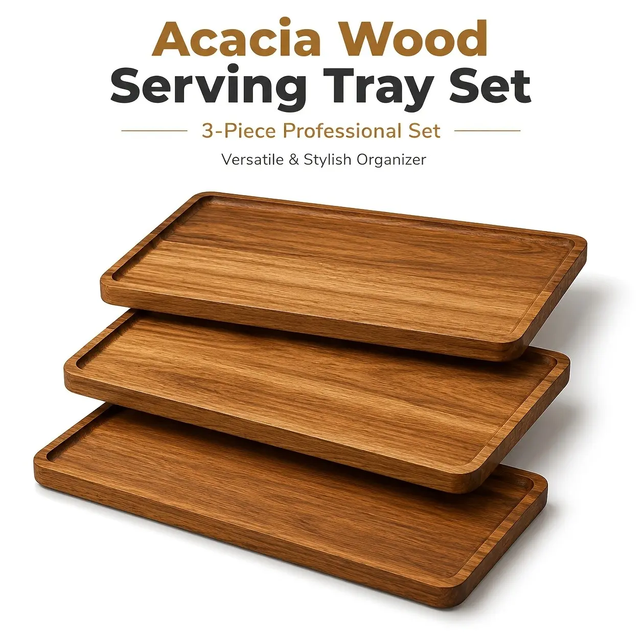 3pcs Set Of Acacia Wood Trays, Japanese-style Tea Trays, Household Solid Wood Dinner Plates, Rectangular Cup Holders, Wooden Plates, Suitable for Coffee Shops, Cakes, And Candies, Non-Food Contact