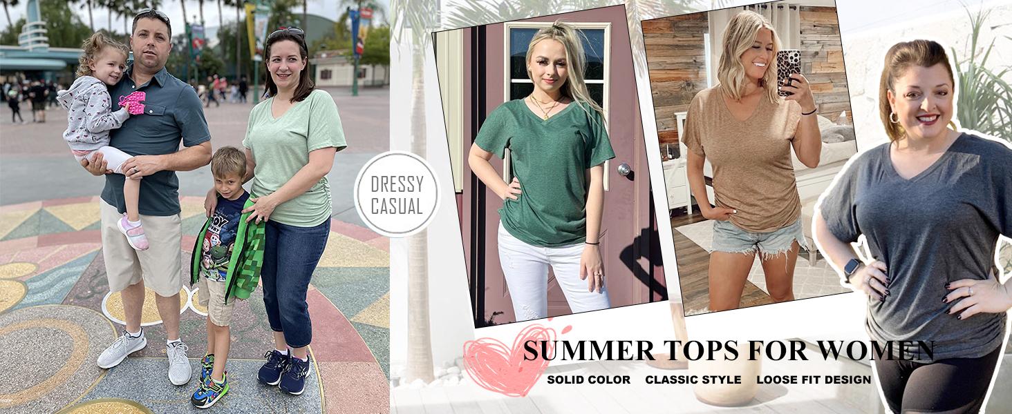 WIHOLL Womens Short Sleeve V Neck Dolman Tops with Side Shirring Loose Fit Shirts SpringStatements