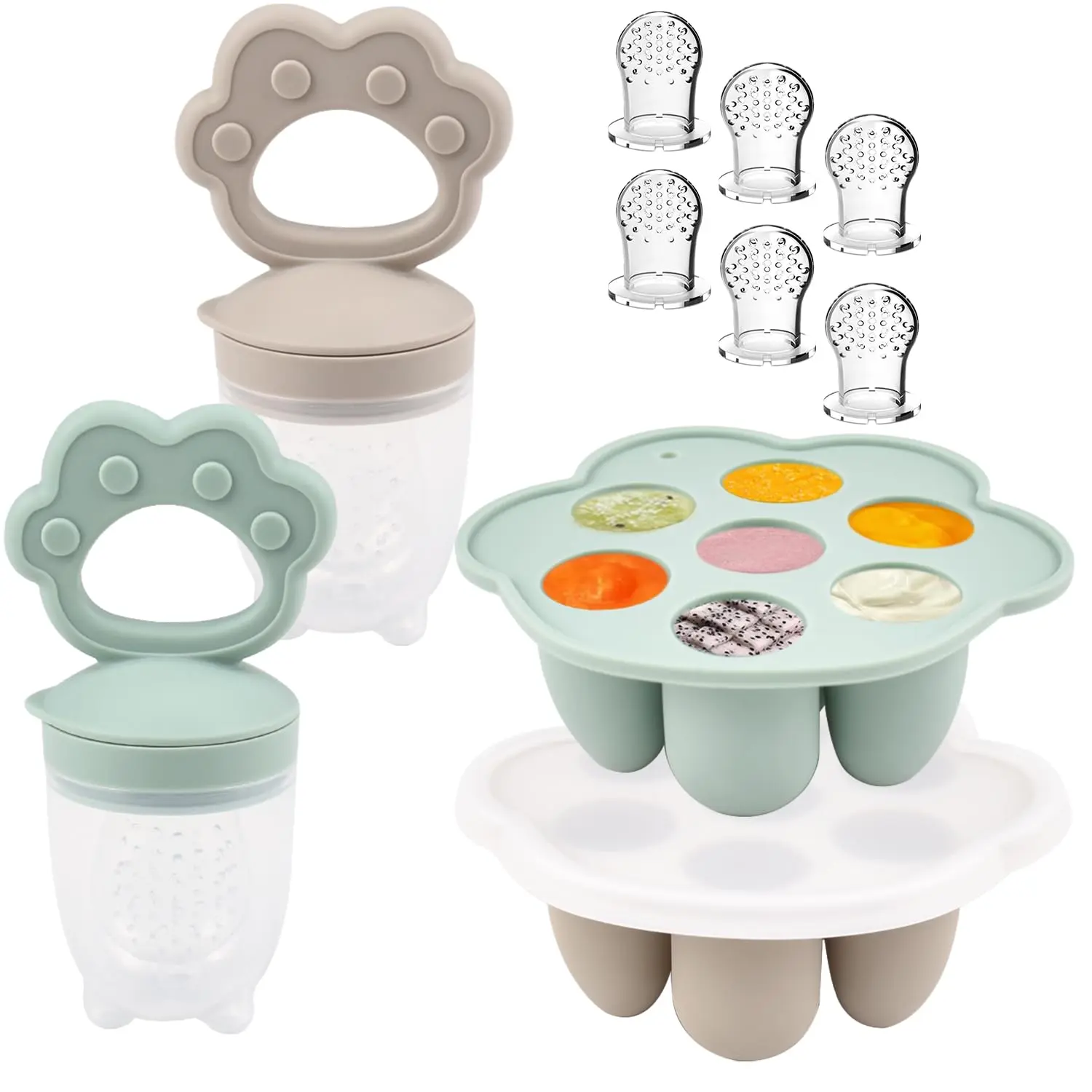 Infant Size Silicone Baby Fruit Food & Teething Feeder Pacifiers with Freezer Popsicle Molds (Set of 2, Hazy Green/Almond) for 4+ Months