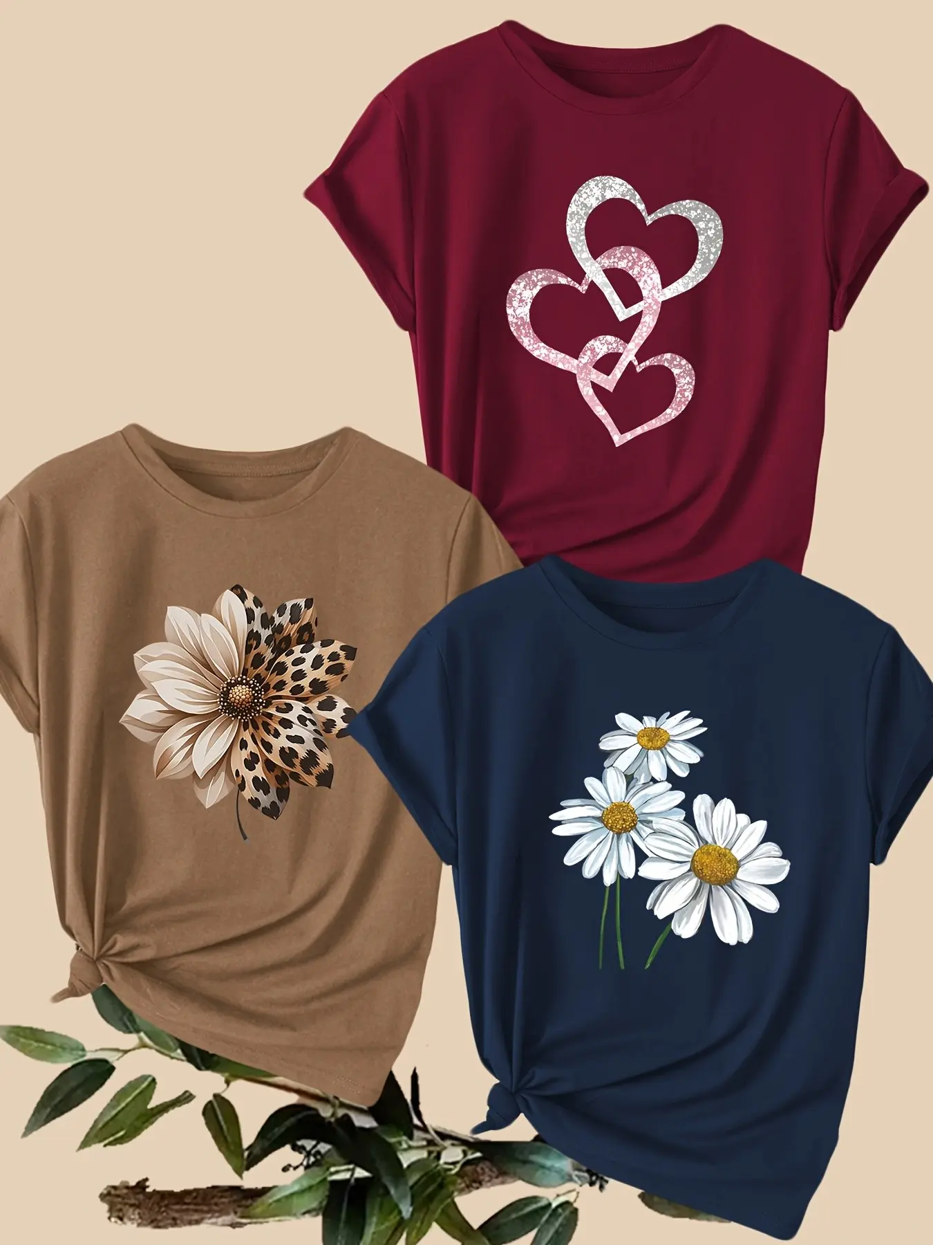 Three-Pack Women's Casual Round Neck Wine T-Shirts, Floral Heart Print, Short Sleeve, Slim Fit, All Seasons