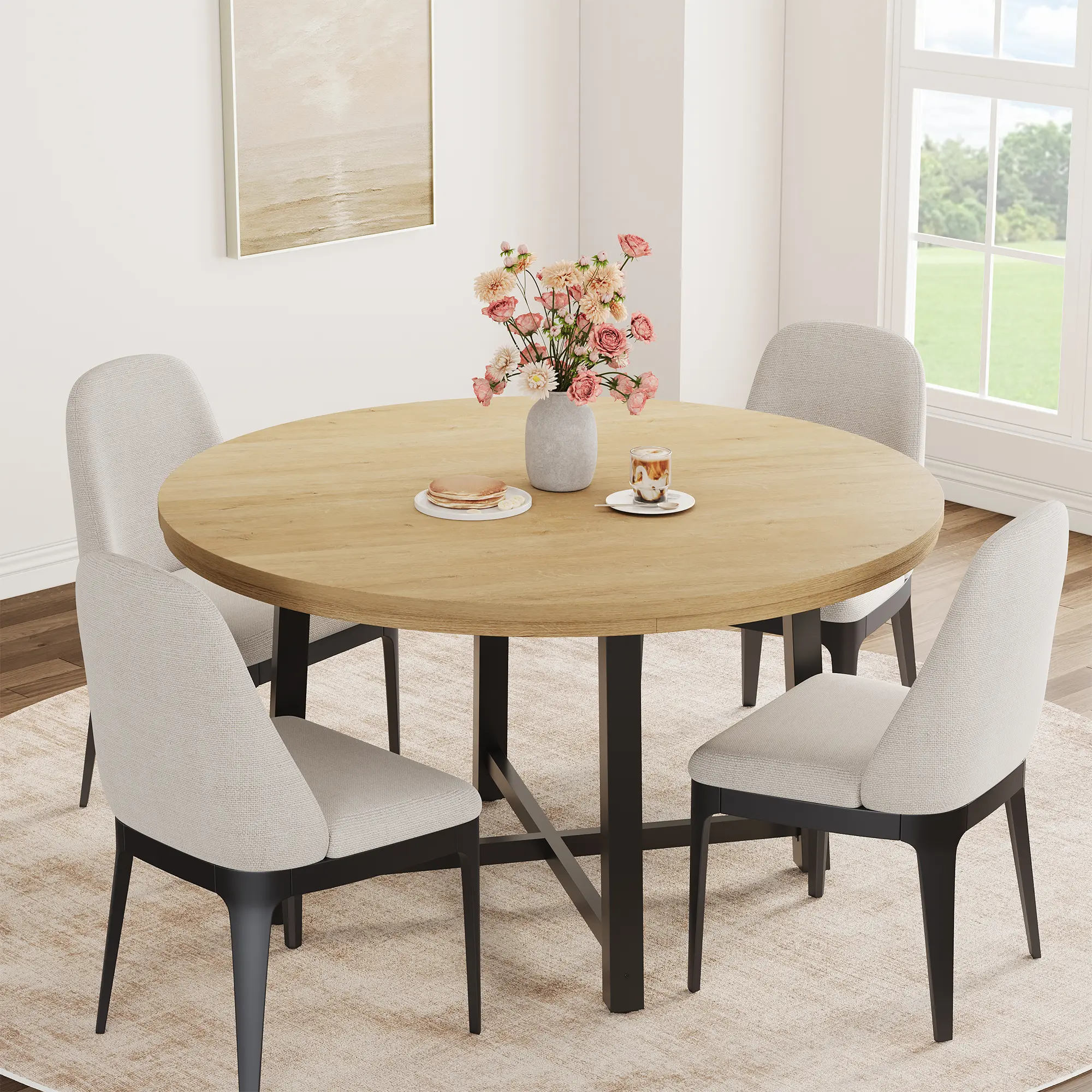 Industrial Style Round Dining Table, 47" Metal Wood Kitchen Table with Sturdy Steel Frame for 4-6 Persons Living Room