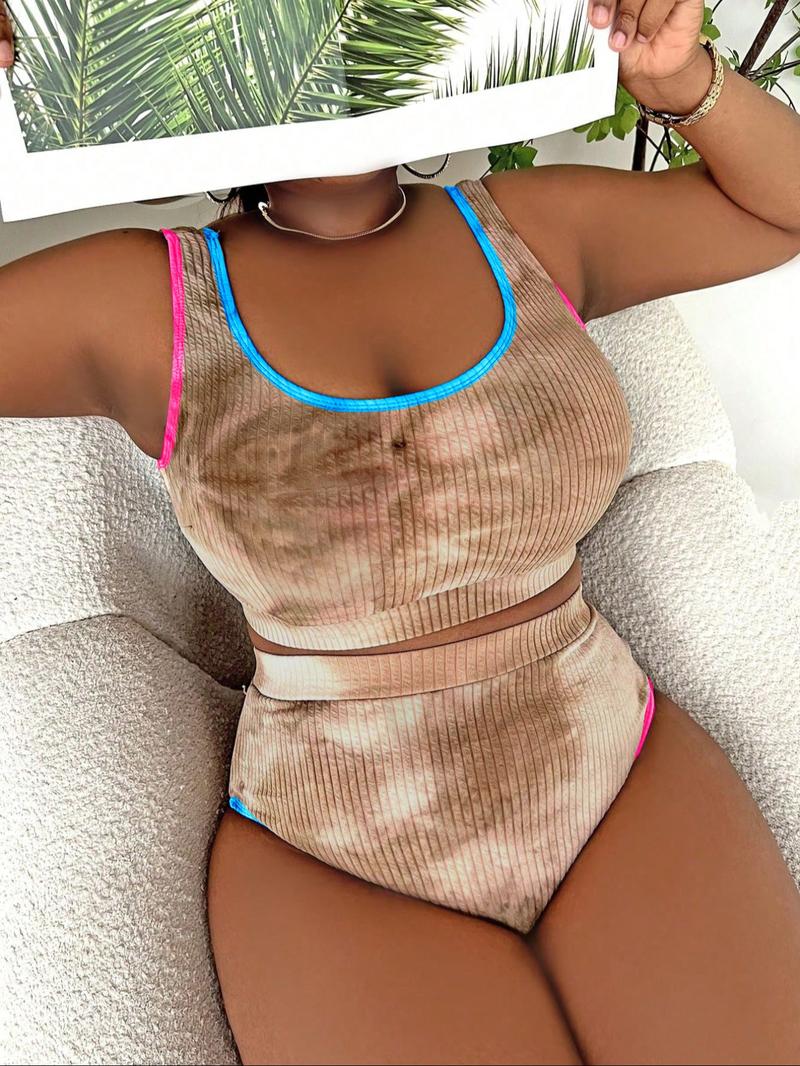 Two-Piece Set Plus Size Women's Tie Dye Print Contrast Binding Tankinis Set, Chic U Neck Swim Top & High Waist Swim Bottom, Women's Summer Outfits 2024, Tankini Bottoms Set