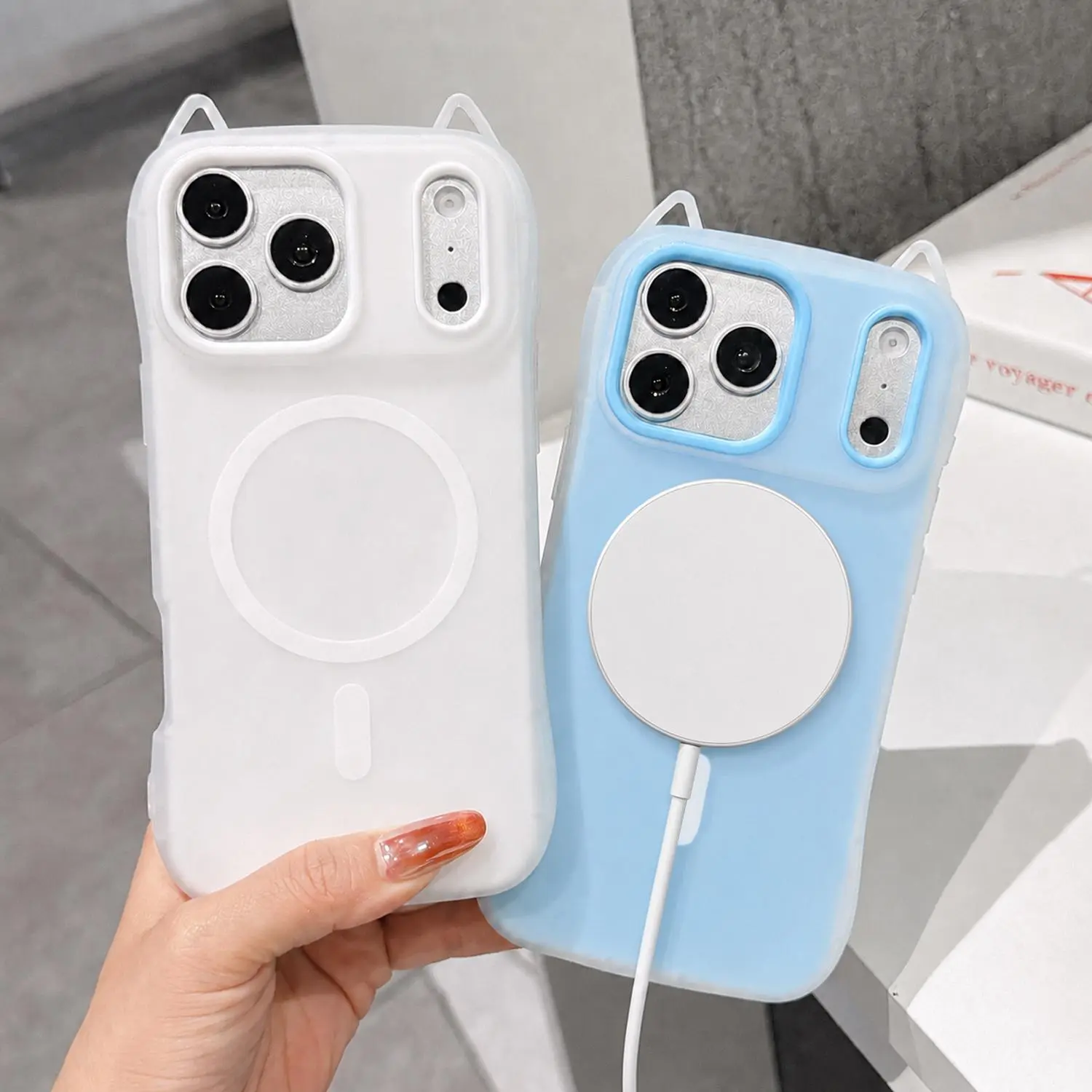 Cute 3D Cat Ear MagSafe Case for iPhone 17/16/15/14/13/12/11 Pro Max Plus Air, Pastel Matte Semi-Transparent Phone Case, 2-in-1 Shockproof Silicone + PC, Full Camera Protection, Wireless Charging Compatible