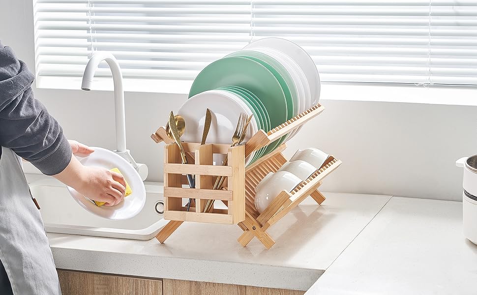 AGS Bamboo Dish Drying Rack, 2 Tier Collapsible Dish Rack with Utensil Holder, Wooden Dish Drying Rack for Kitchen Counter, Large Folding Drying Holder, Dish Drainer 34 pcs Grid