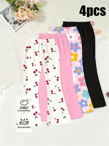 Four-Pack Girls' Elastic Waist Flared Pants, Soft Non-Irritating Fabric, Wide Leg Design, All-Day Comfort, Casual Style