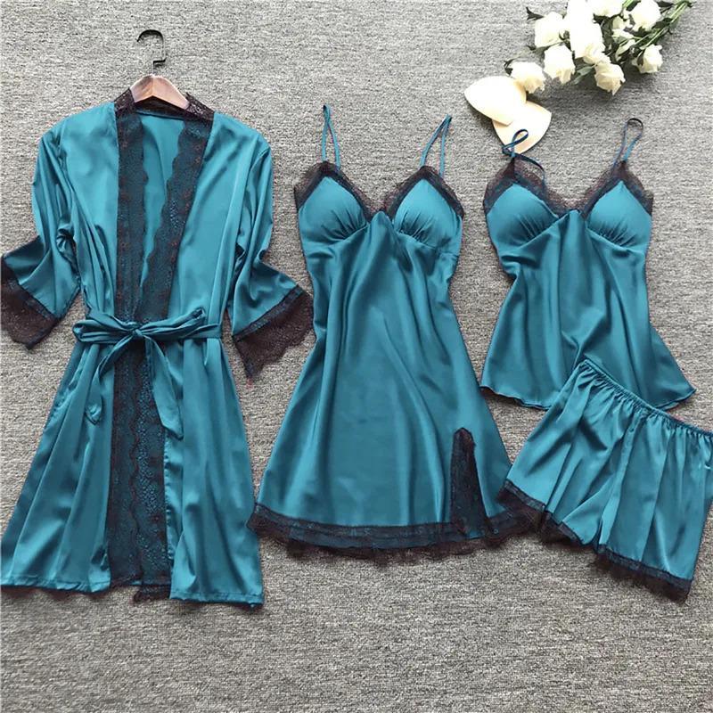 Lace Silk Pajamas Set Nightdress Sexy Lingerie Robe Women Sleepwear 4 Pieces Suits Sleeping Top And Shorts Femme Pijama Mujer Pj Loungewear Womenswear Homewear Solid233