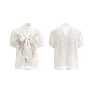 TCH - French Elegant Chiffon T-shirt for Women in the Summer of 26 Years, Heavy Industry Butterfly Hot Diamond Fashion Versatile Short Sleeve Top