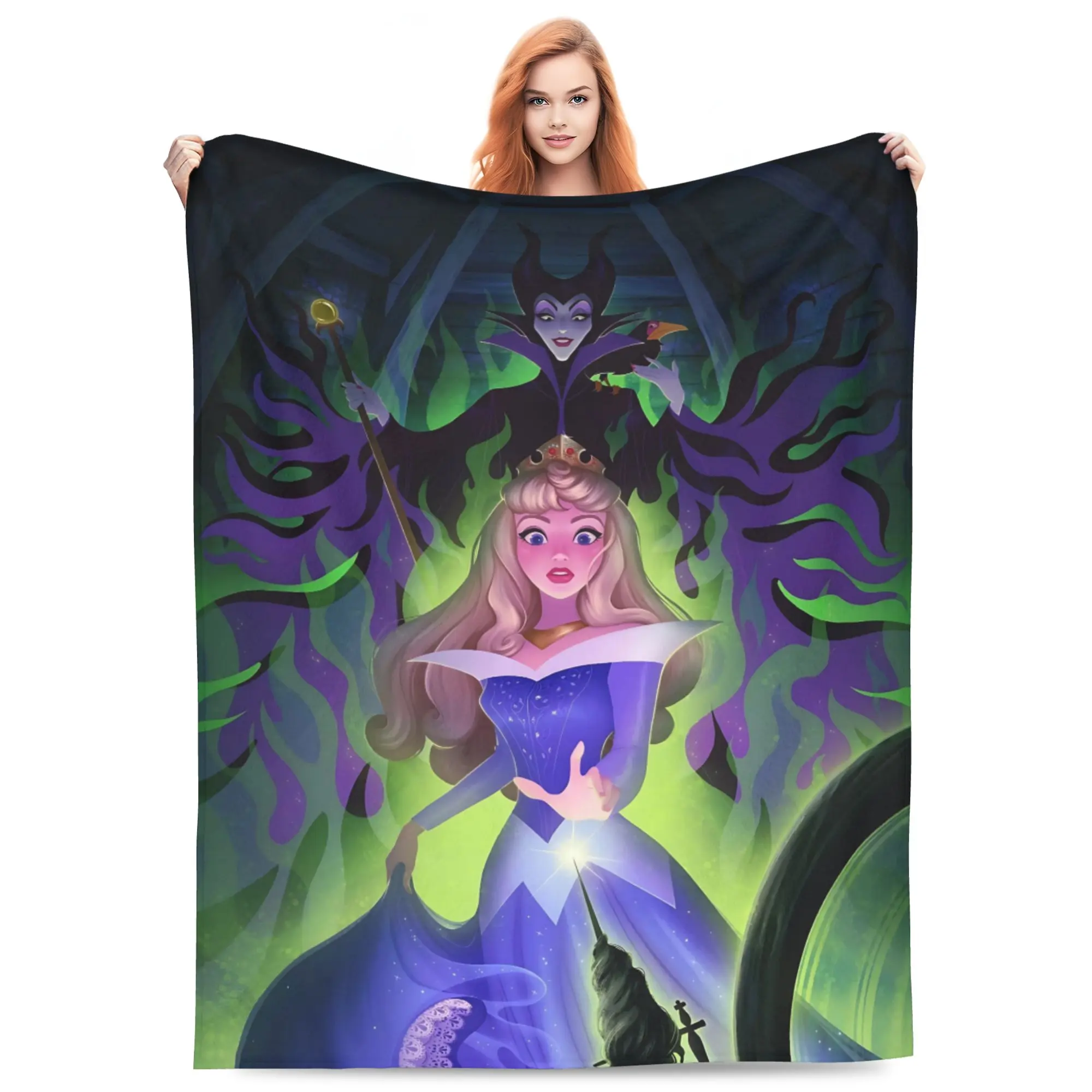 Disney Classic Sleeping Beauty Aurora Maleficent Flannel Throw Blanket, Magic Witch & Princess Purple Green Flame Print Soft Lightweight Cozy Blanket for Sofa Bed Fans Gift