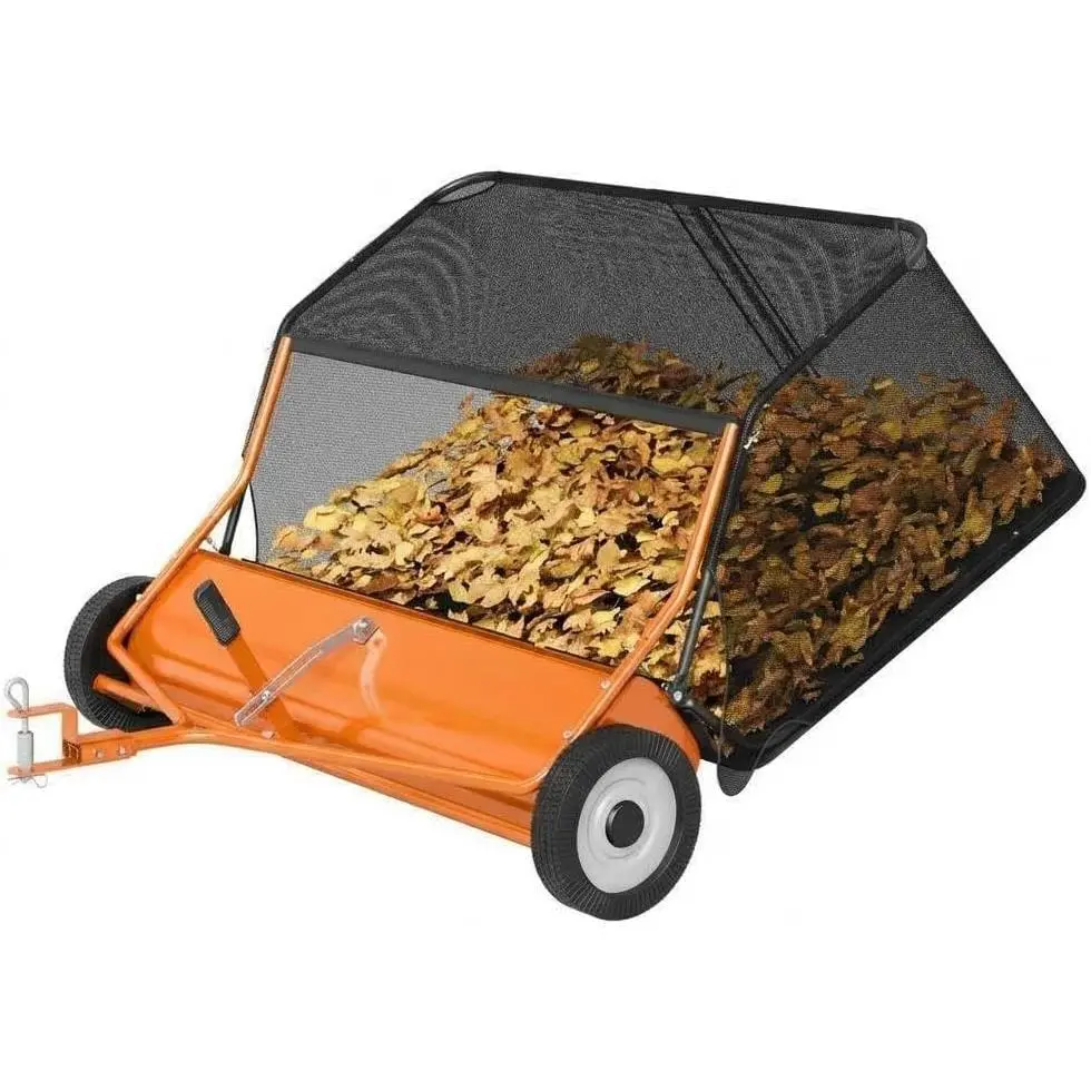 Heavy-Duty 44 Inch Tow-Behind Lawn Sweeper, Huge 26 Cu ft Collection Bag, Pull Behind Yard Sweeper with Adjustable Sweeping Height, for Yard, Lawn, Farm, Orange