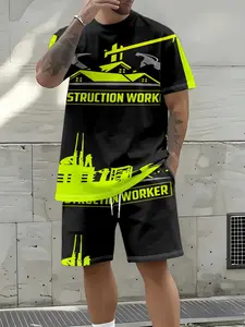 Men's Construction Worker Theme Two-Piece Set, Fluorescent Hammer Print Short Sleeve + Drawstring Shorts, Casual Loose-Fit Clothing