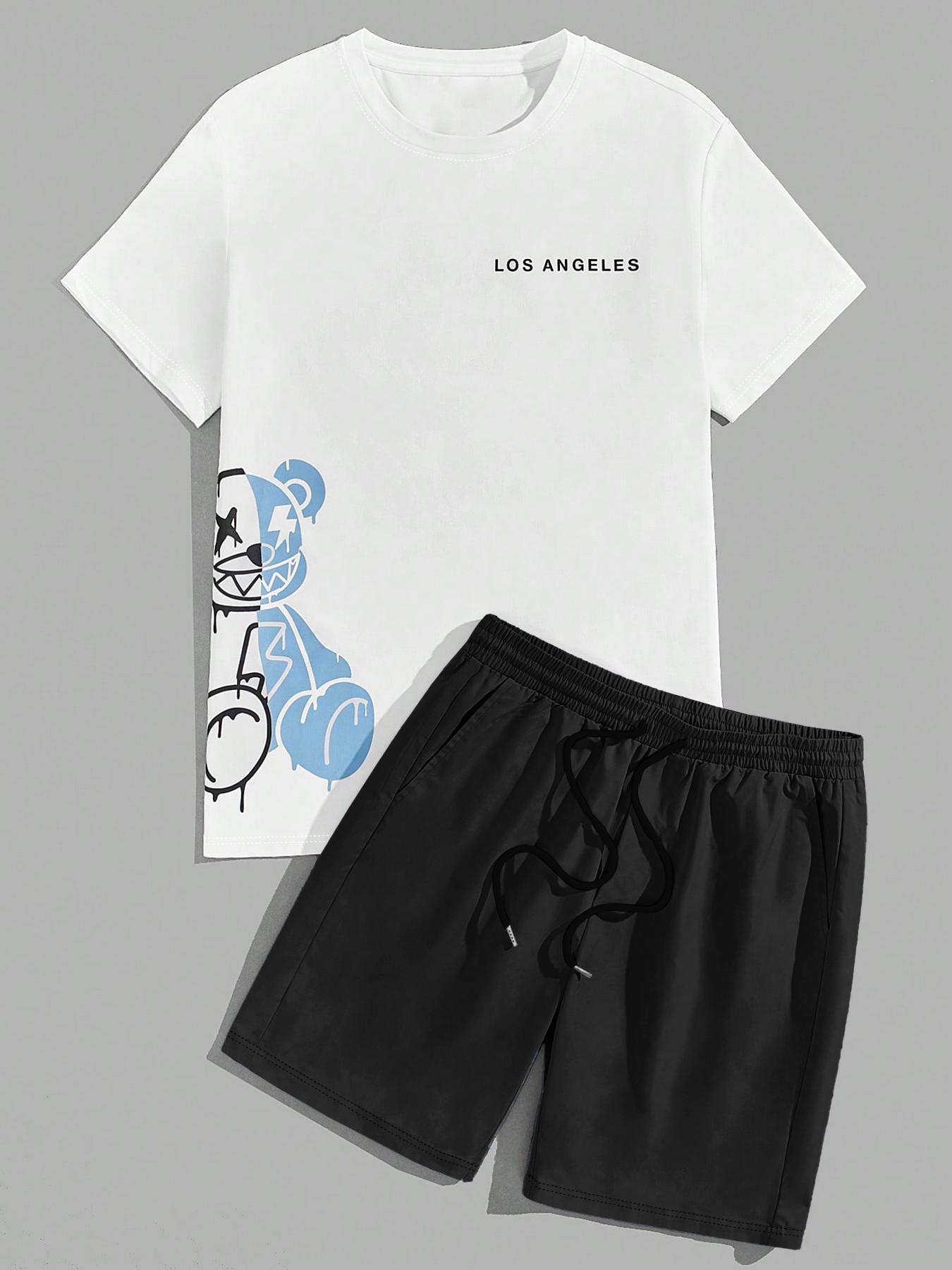 Two-Piece Set Men's Cartoon Bear & Letter Graphic Print Short Sleeve Tee & Shorts Set, Regular Fit Casual Round Neck T-shirt & Track Shorts, Summer Clothes Set for Men