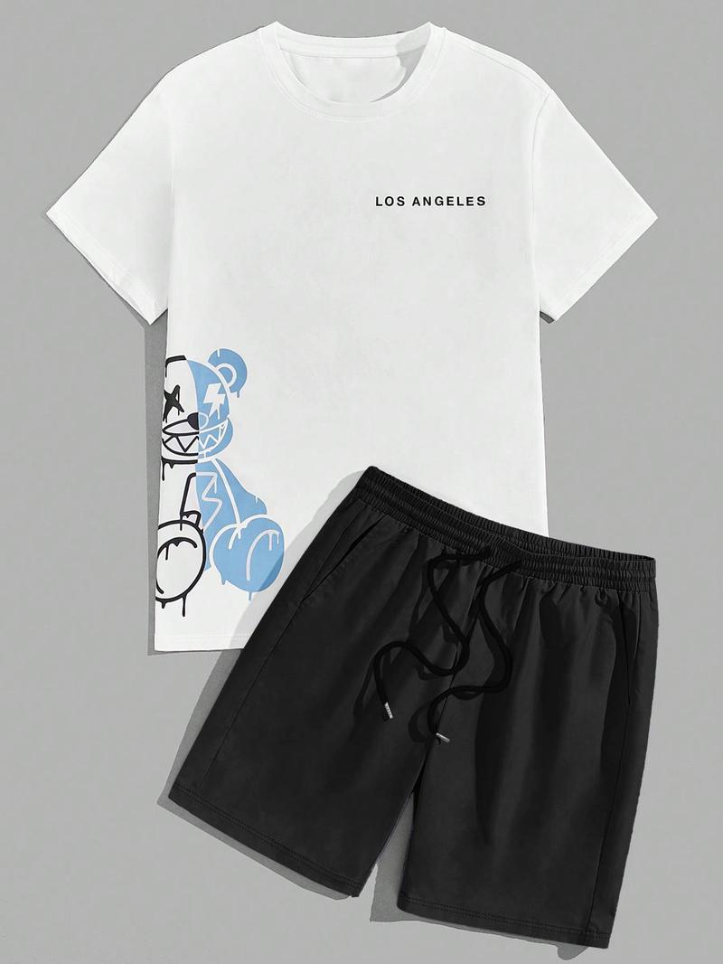 Two-Piece Set Men's Cartoon Bear & Letter Print Short Sleeve Tee & Shorts Set, Regular Fit Casual Round Neck T-shirt & Track Shorts, Summer Clothes Set for Men