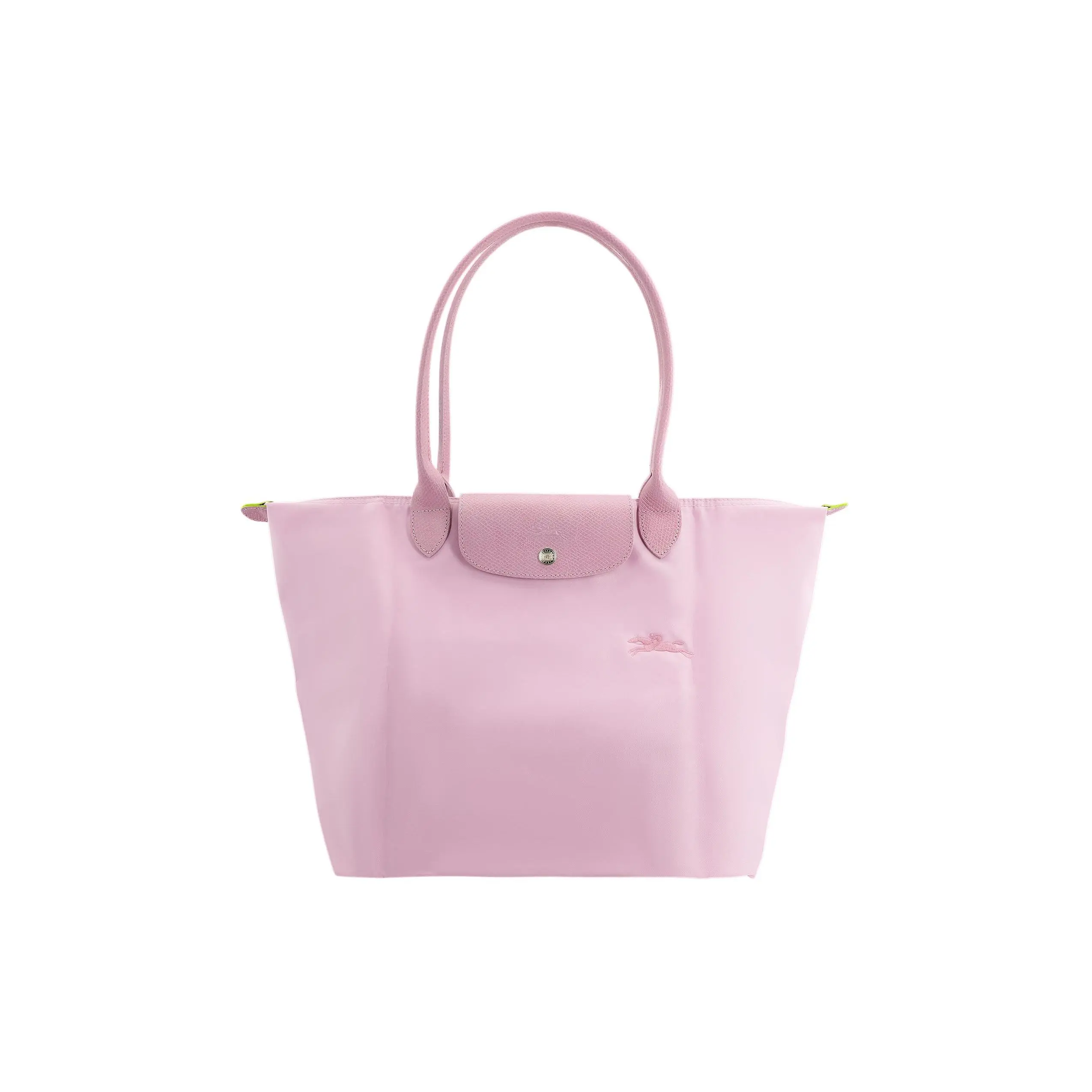 Women's Longchamp Le Pliage Large Green Embroidered Logo Magnetic Flap Zipper Lock Top Handle Shoulder Bag, Pink
