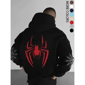 18ACTIVEKITMen's autumn and winter hooded sweatshirt, spider print, drawstring and kangaroo pocket, casual street fashion, comfortable fabric