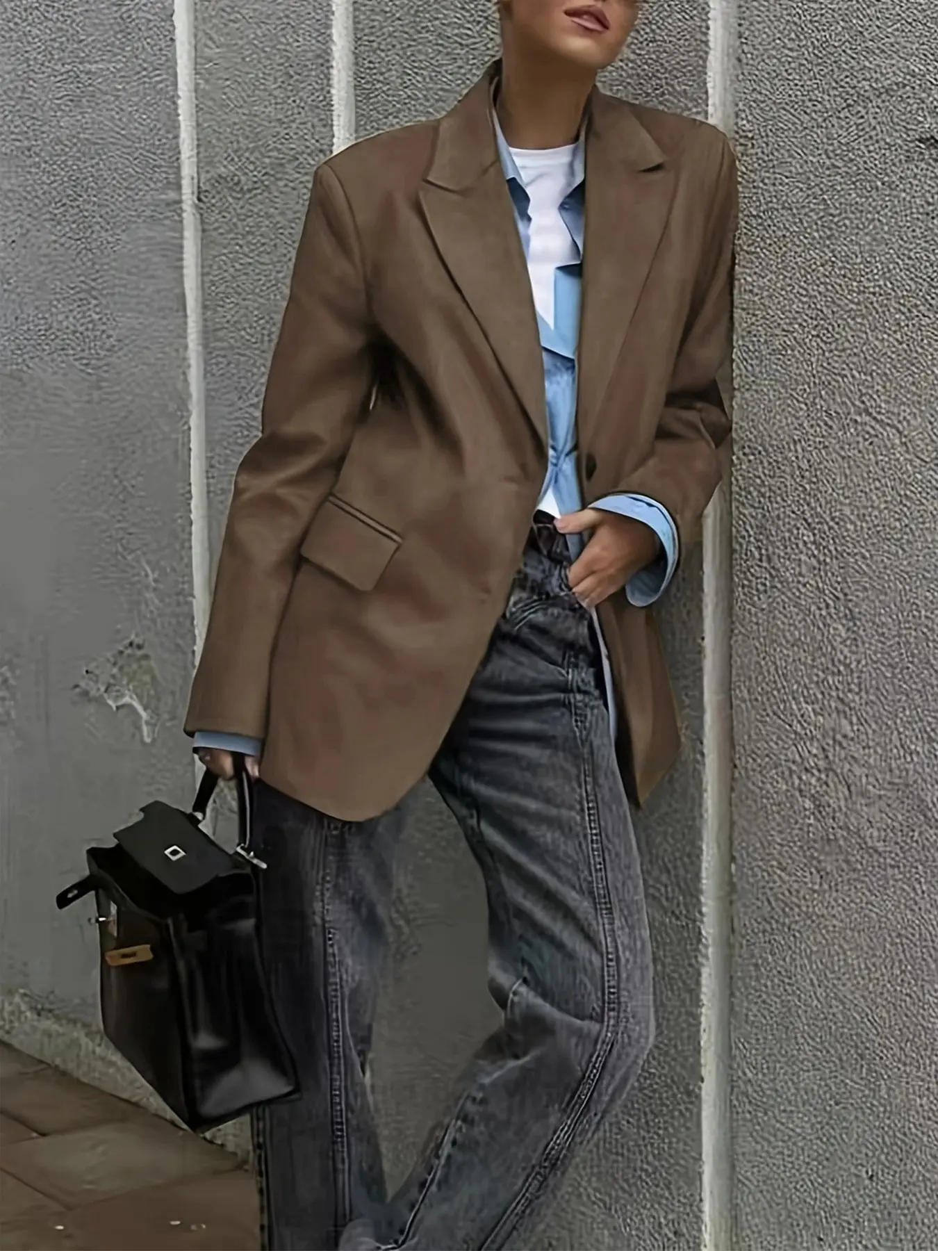 Autumn American Retro Oversized Blazer, Women's Single Button Notch Lapel Loose Medium-Length Commuter Jacket, Versatile Office Outerwear
