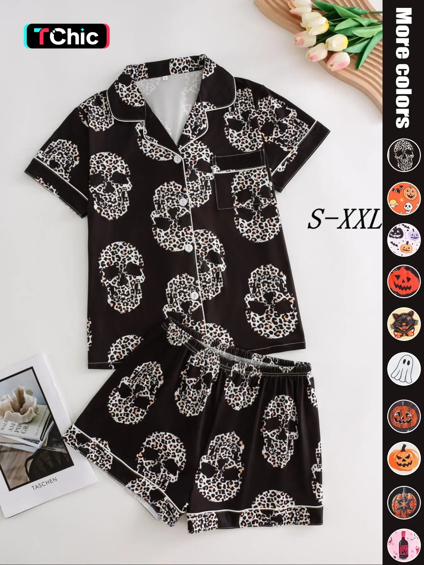 Women's Fitted Skull Print Pajama Set, Button Front Short Sleeve Collared Top & Loose Shorts, Cute Comfortable Sleepwear Loungewear