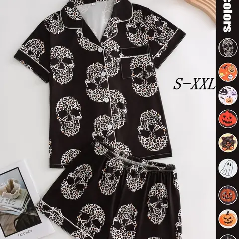 Women's Fitted Skull Print Pajama Set, Pj Set, Button Front Short Sleeve Collared Top & Loose Shorts, Cute Comfortable Sleepwear Loungewear