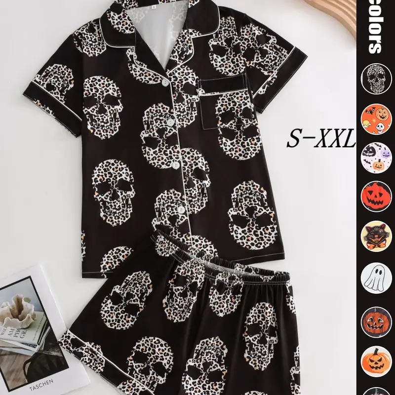 Women's Fitted Skull Print Pajama Set, Pj Set, Button Front Short Sleeve Collared Top & Loose Shorts, Cute Comfortable Sleepwear Loungewear