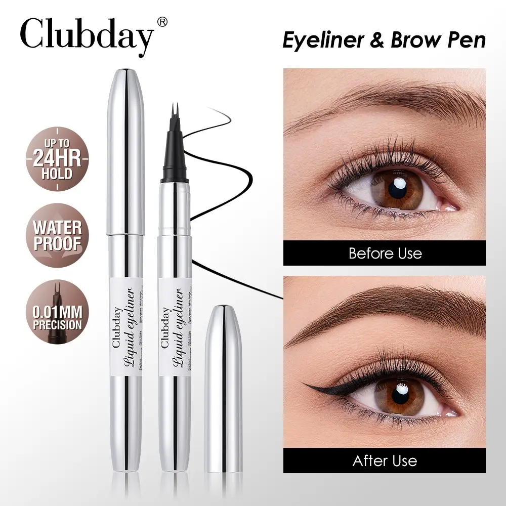 Clubday 2-In-1 Fork Tip Liquid Pen, Precision Liner Eyeliner & Micro Brow Pen, Ultra Fine 0.01mm Tip, Waterproof Quick Dry, 24h Long Lasting, Summer Eye Makeup