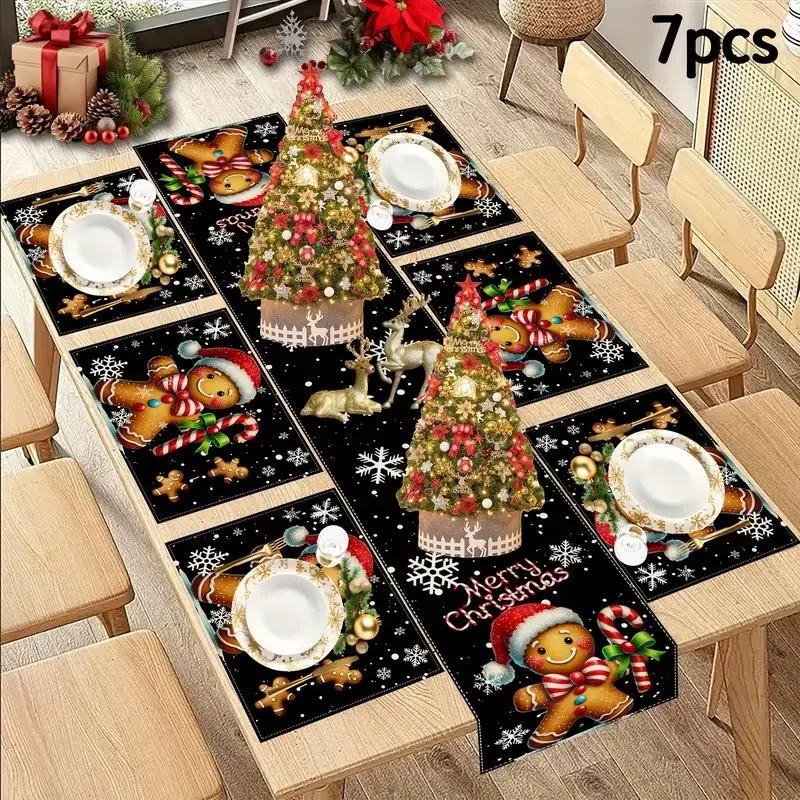 2D flat printing, 1 piece/5 piece set/7 piece set Christmas table flag placemat, gingerbread snowflake black and gray Christmas decoration, suitable for winter holiday decoration, suitable for indoor and outdoor party table decoration