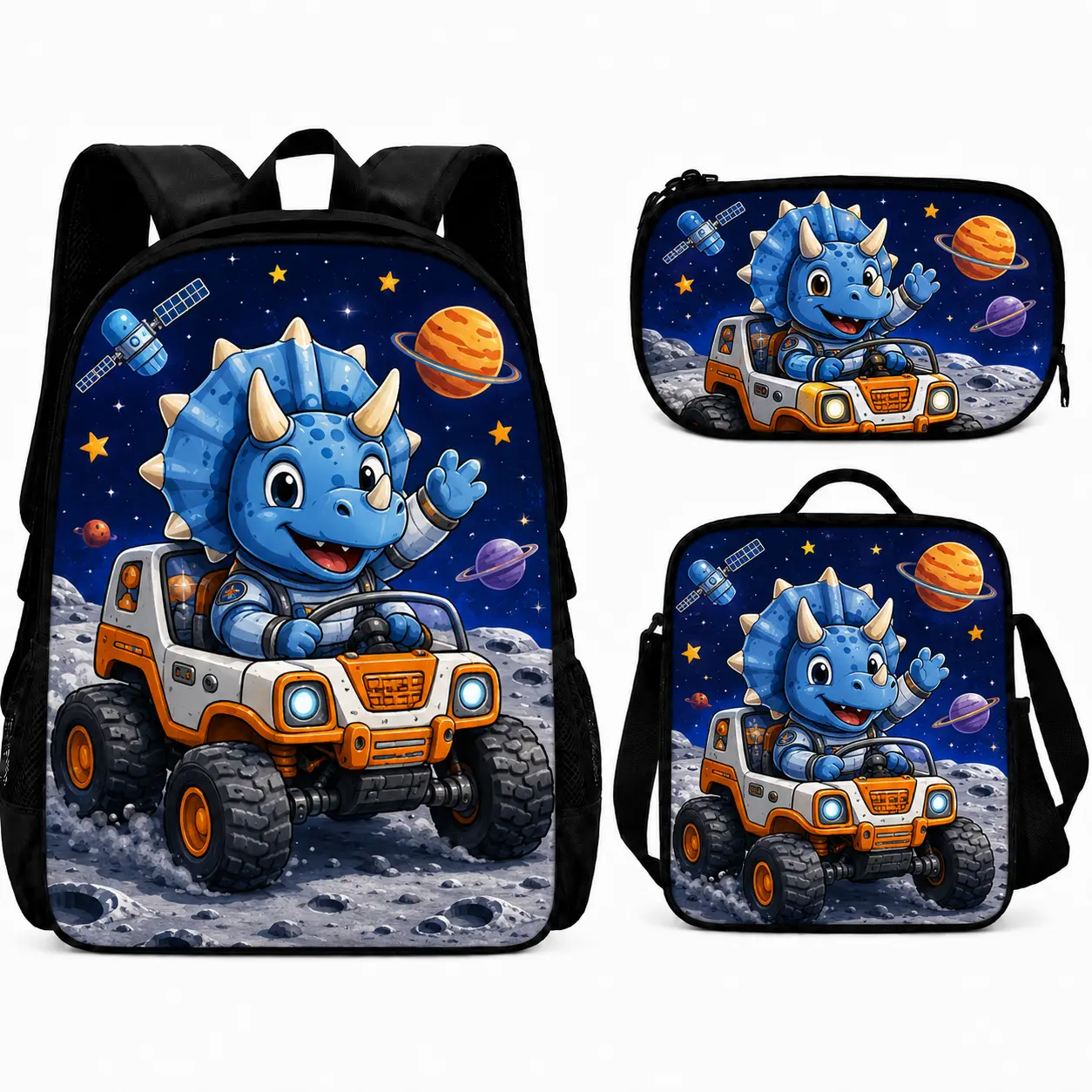 Kids Dinosaur Backpack Set 3 Piece for Boys Girls, Cute Dino School Bookbag with Lunch Bag and Pencil Case, Cartoon T Rex Triceratops Space Pirate Construction Design, Preschool Elementary Backpack for Travel Daycare Back to School Gift, School Days, Cart