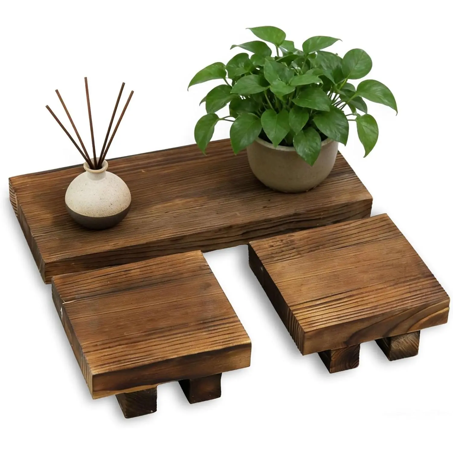 3-Piece Waterproof Wood Riser Set, Rustic Farmhouse Countertop Organizer, 1 Large 8.7" & 2 Small 3.6" Display Stand for Bathroom Vanity, Perfume, Skincare & Kitchen Spices (Natural Rustic)