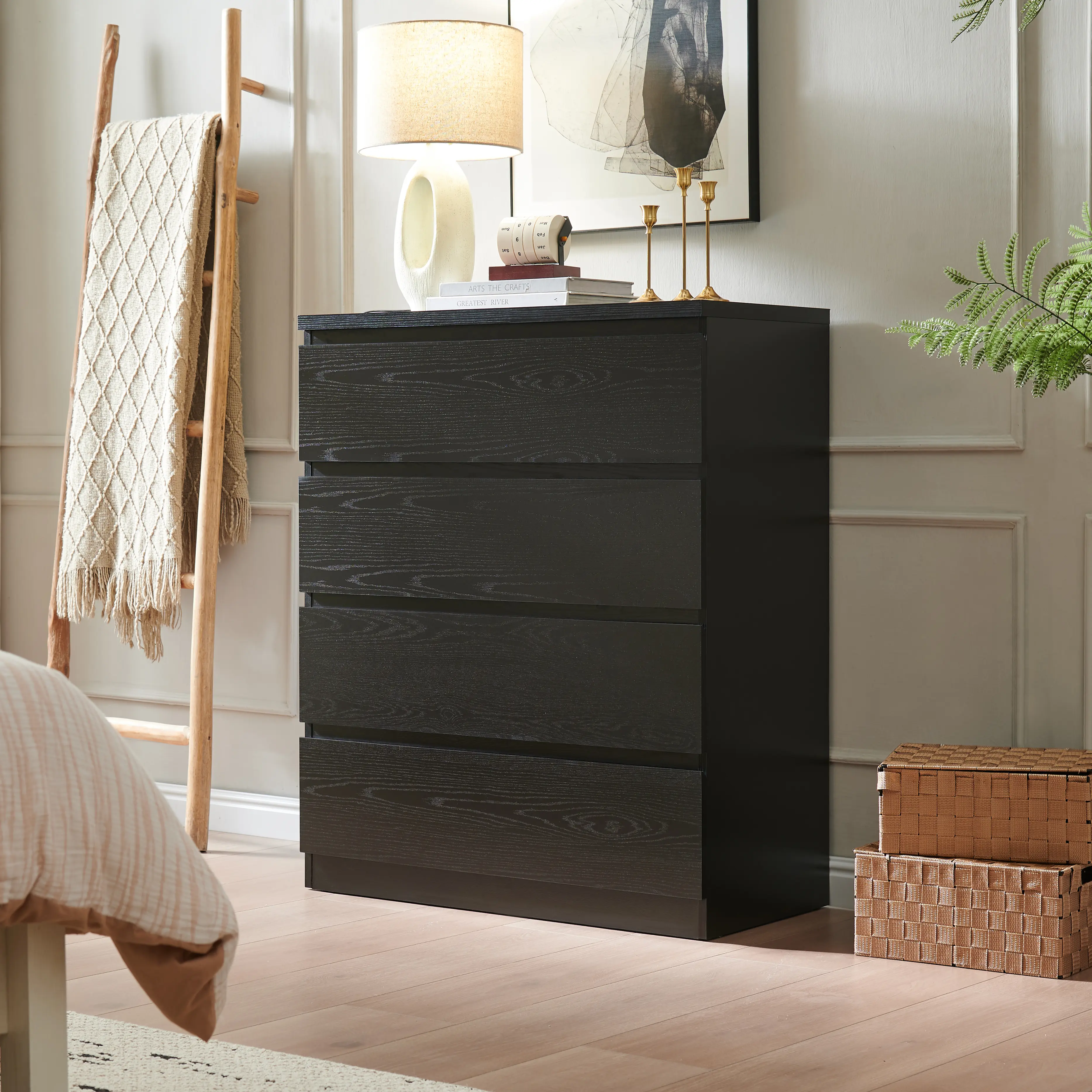 ARCH 4-Drawer Particle Board Dresser Chest, 31.5-in Black Handle-Free Storage Organizer for Bedroom, Living Room, Easy Assembly, Indoor Cupboard Cabinet